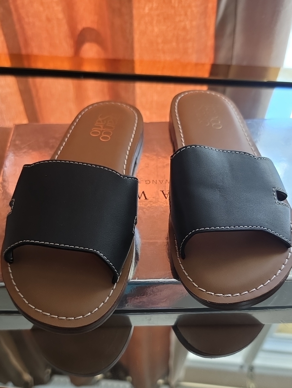 Franco Sarto Black Slide Sandals with Brown Footbed